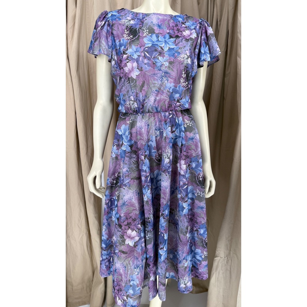 Vintage 80s Purple Floral Chiffon Midi Dress Cottagecore Flutter Sleeve